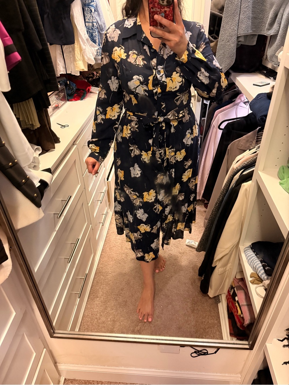 Navy Floral Long-Sleeve Shirt Dress with Tie Waist